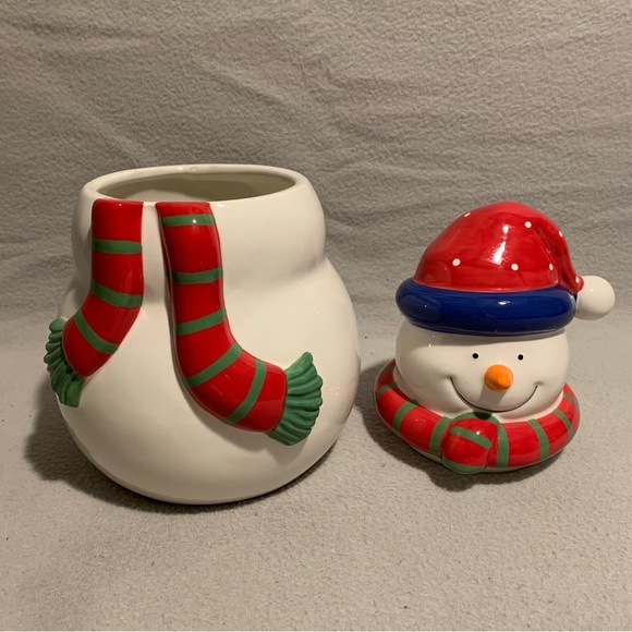 Holiday Snowman Cookie Jar with Santa’s red hat and red/green striped scarf. - Picture 7 of 8